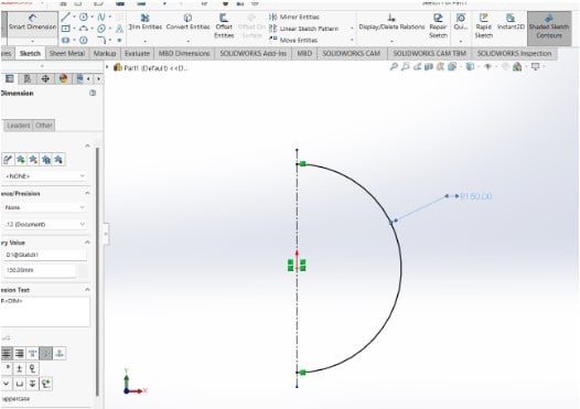 150mm diameter or radius of sphere