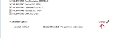 Click change under advanced options area in solidworks installation wizard