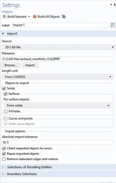 Comsol import settings table