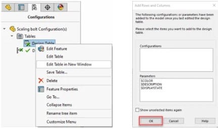 Configuration edit table in new window