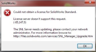 Could not obtain a license for solidworks standard error message