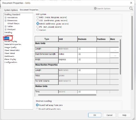 Document properties units window