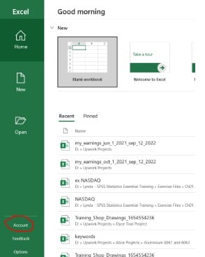 Excel homepage account option