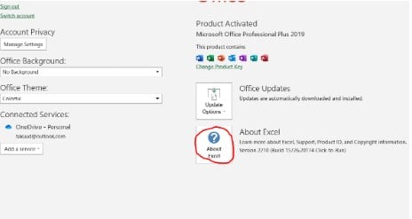 Excel homepage account window
