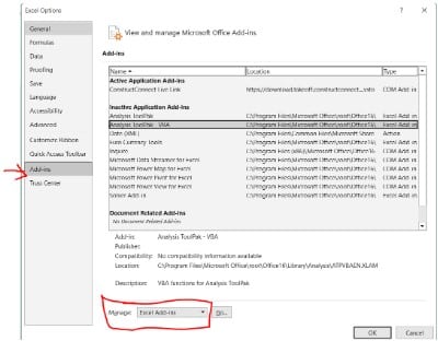 Excel options add-ins