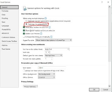 Excel options general window