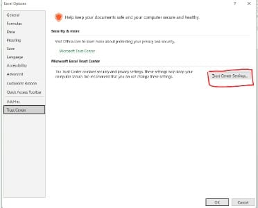 Excel options trust center settings
