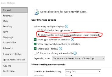 Excel options window under general