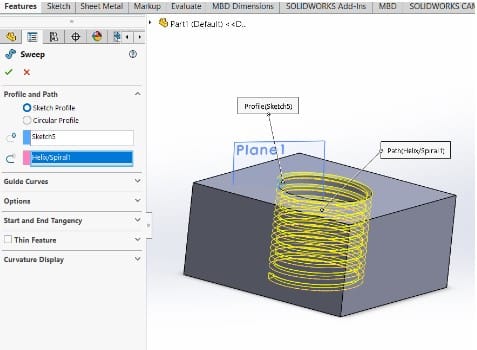 Features profile and path helix/spiral option