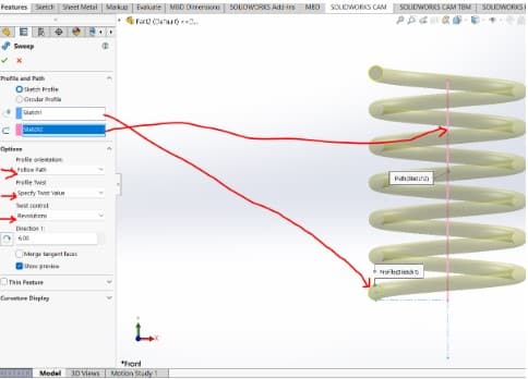 Features tab swept boss/base for both springs