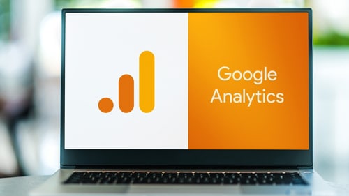 Laptop computer displaying logo of Google Analytics