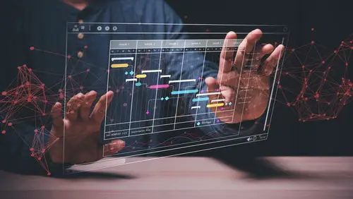 Man hand manage work schedule plan on virtual screen