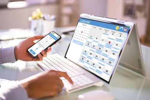 Man Looking At Month Agenda In Calendar On Laptop Computer