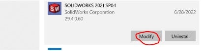 Modify solidworks under program and features in control panel