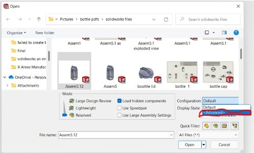 Open solidworks file change configuration to advanced