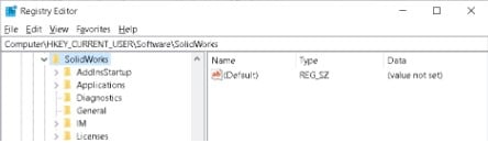 Registry editor solidworks window