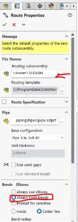 Route properties routing subassembly always from bends