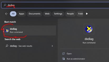Search dxdiag in search menu