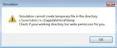 Simulation cant create temp file message