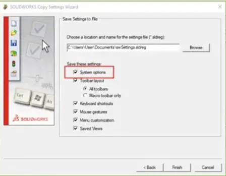 Solidworks copy settings wizard check only system options