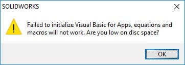 Solidworks failed initialize visual basic apps message