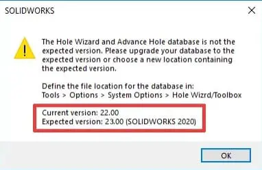 Solidworks hole wizard not working message
