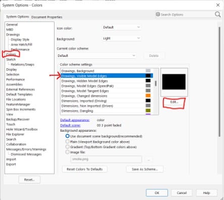 System options colors scheme settings drawings visible