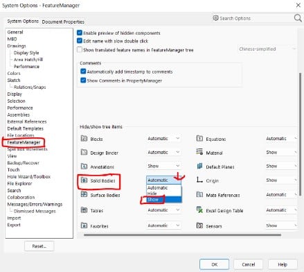 System options feature manager solid bodies show