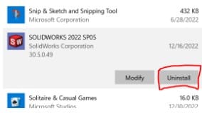 Uninstall solidworks