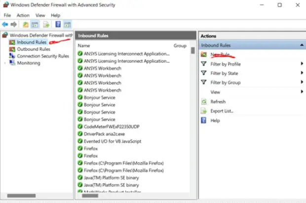 Windows defender firewall with advanced security window