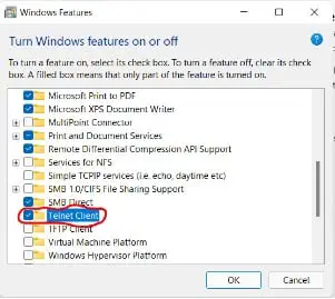 Windows features telnet client
