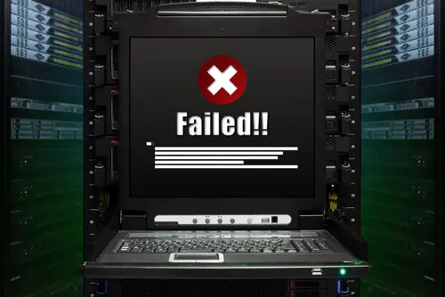 Failed message show on the server computer display in the modern interior of data center