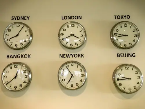 Many clocks tell the time of many countries
