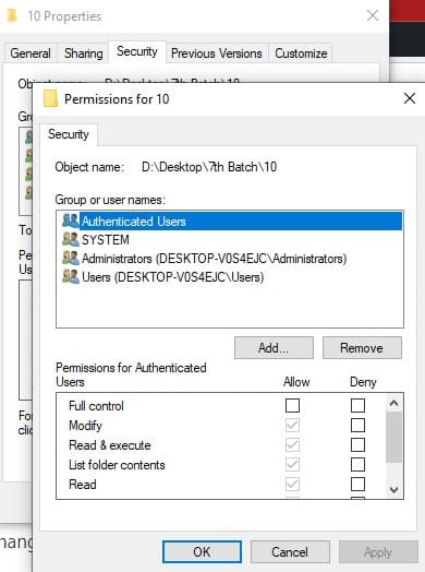 Permission window of a folder