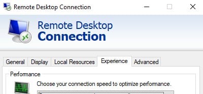 Remote desktop connection experience tab