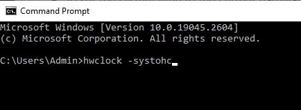 Set hardware clock to the current system time using command prompt