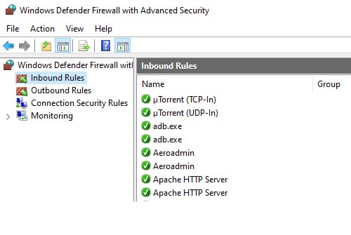 Inbound rules in windows defender firewall with advanced security