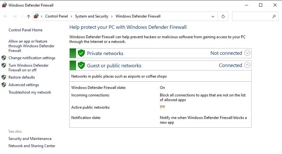 Windows defender firewall window