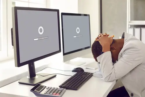 Unhappy, Sad Businesswoman or Professional Accountant Sitting